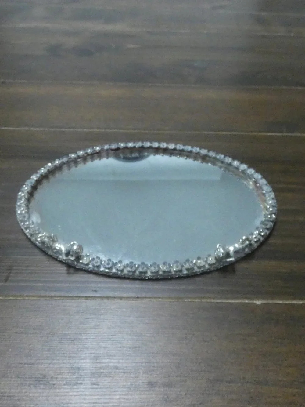 VTG Sam Fink Silver Colored Oval Ornate Mirror Cherubs Resting Filigree Tray 7.5